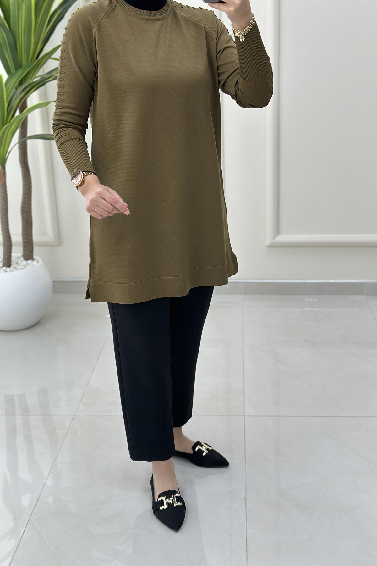 Tesettür Tunik ModelleriReglan Kol Gofralı Kadın Merserize Triko Tunik Haki MLH 5035