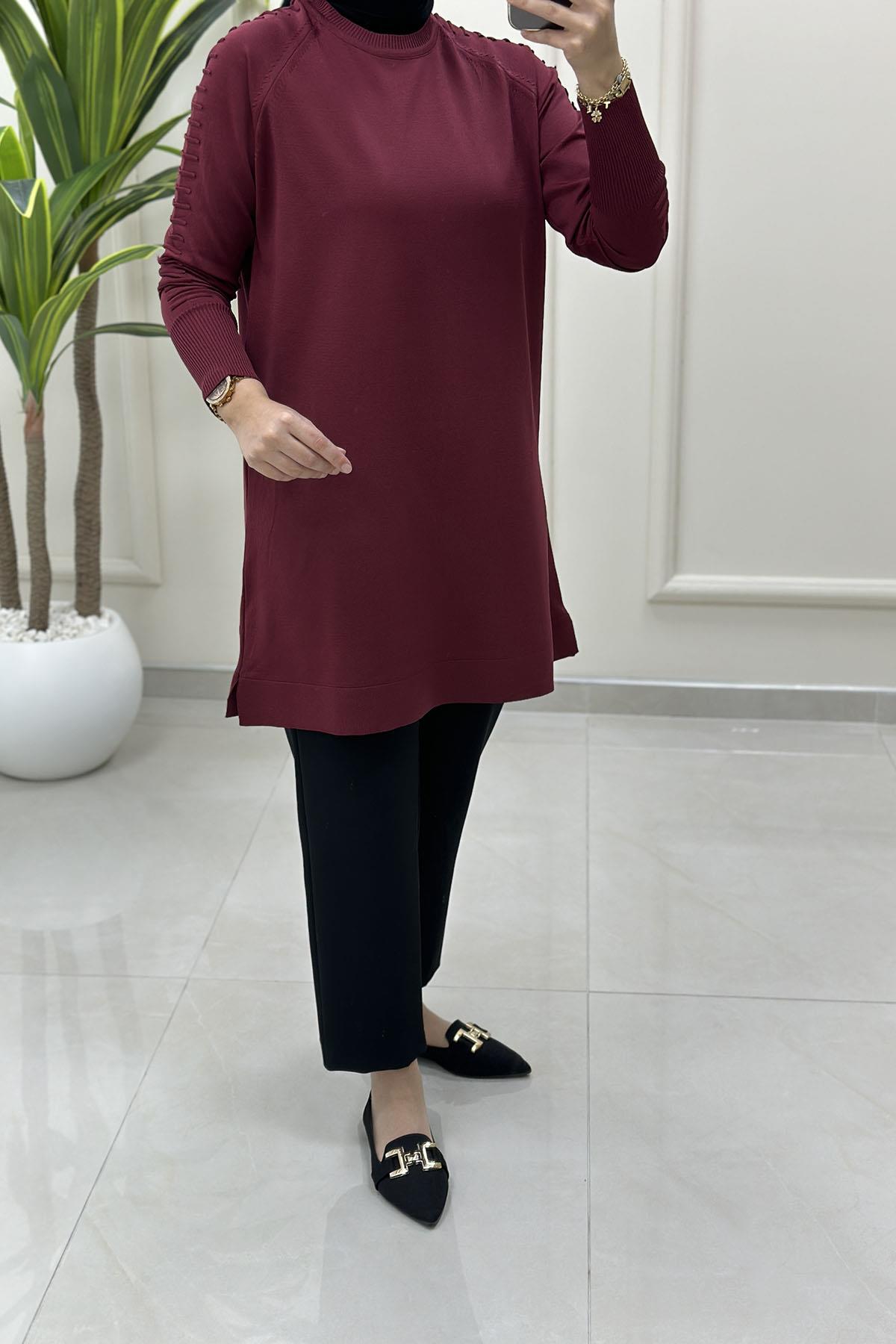 Tesettür Tunik ModelleriReglan Kol Gofralı Kadın Merserize Triko Tunik Bordo MLH 5035