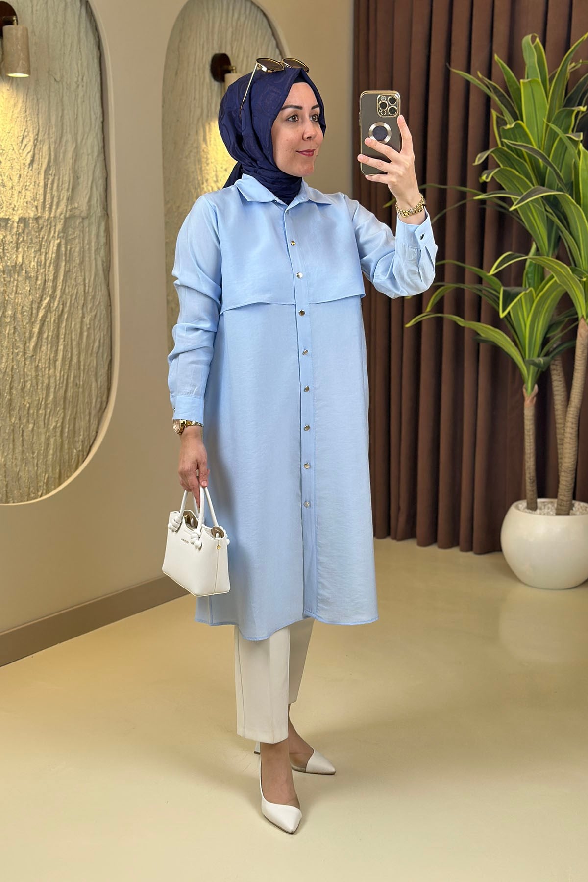 Tesettür Tunik ModelleriTensel Önü Düğmeli Allerli Kadın Tunik Mavi EYL 2212