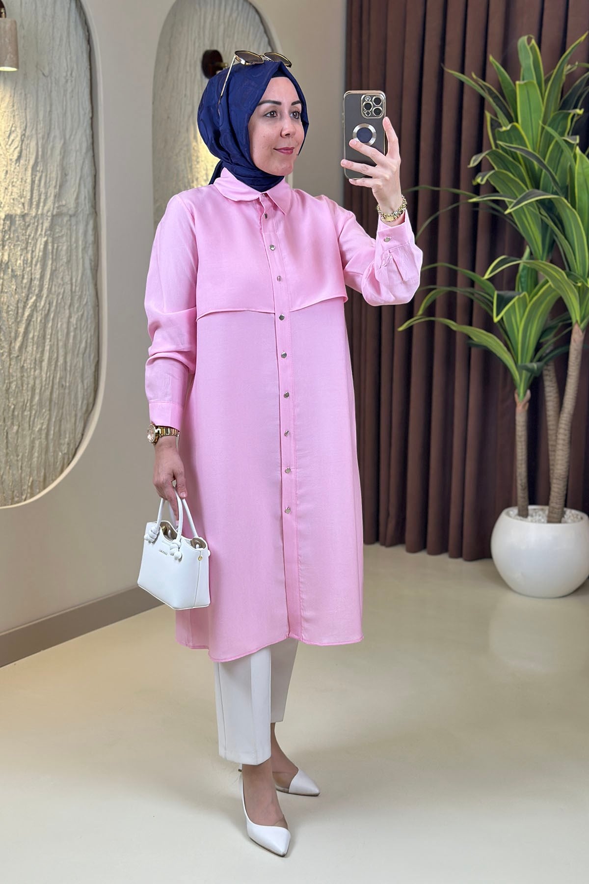 Tesettür Tunik ModelleriTensel Önü Düğmeli Allerli Kadın Tunik Pembe EYL 2212
