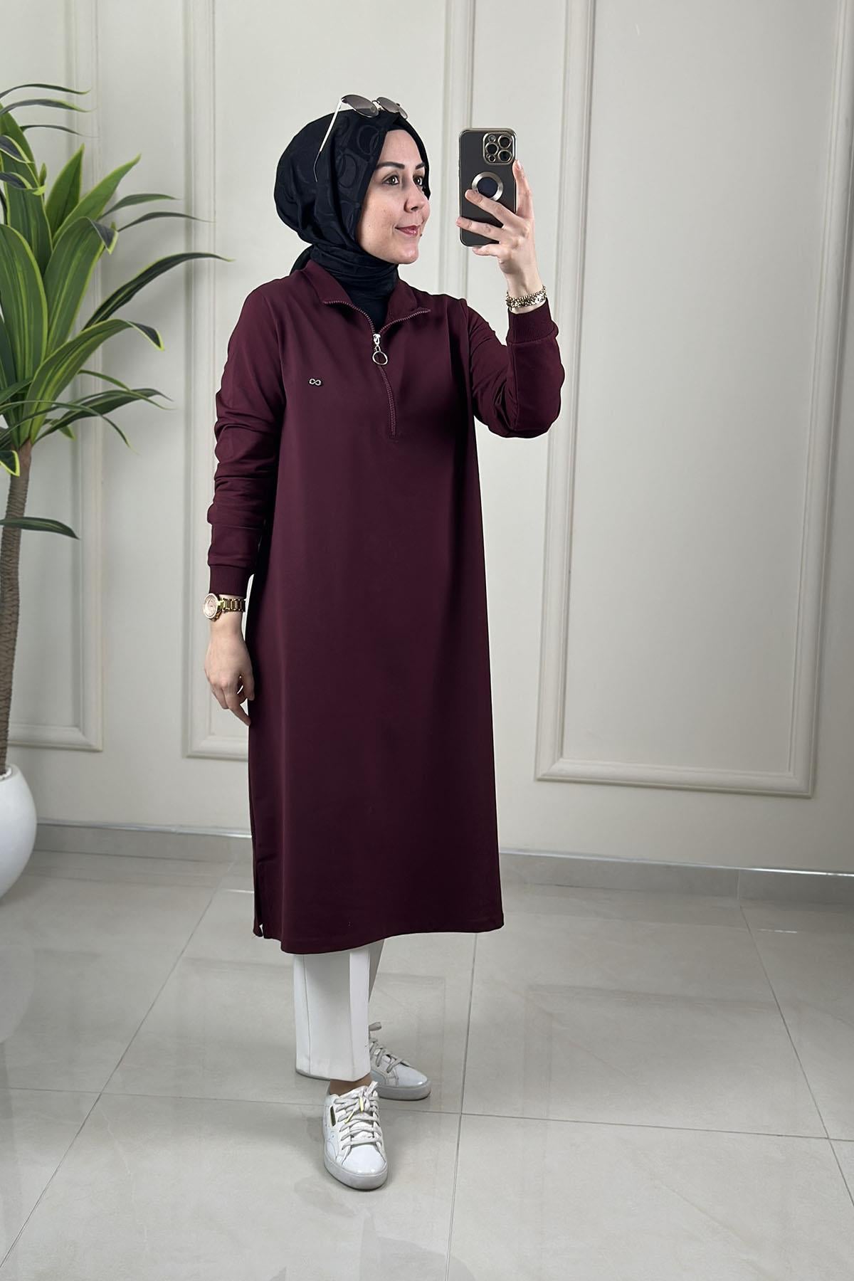 Tesettür Tunik ModelleriYaka ve Kol Ribanalı Önü Yarım Fermuarlı Kadın Tunik Bordo KADO 257322
