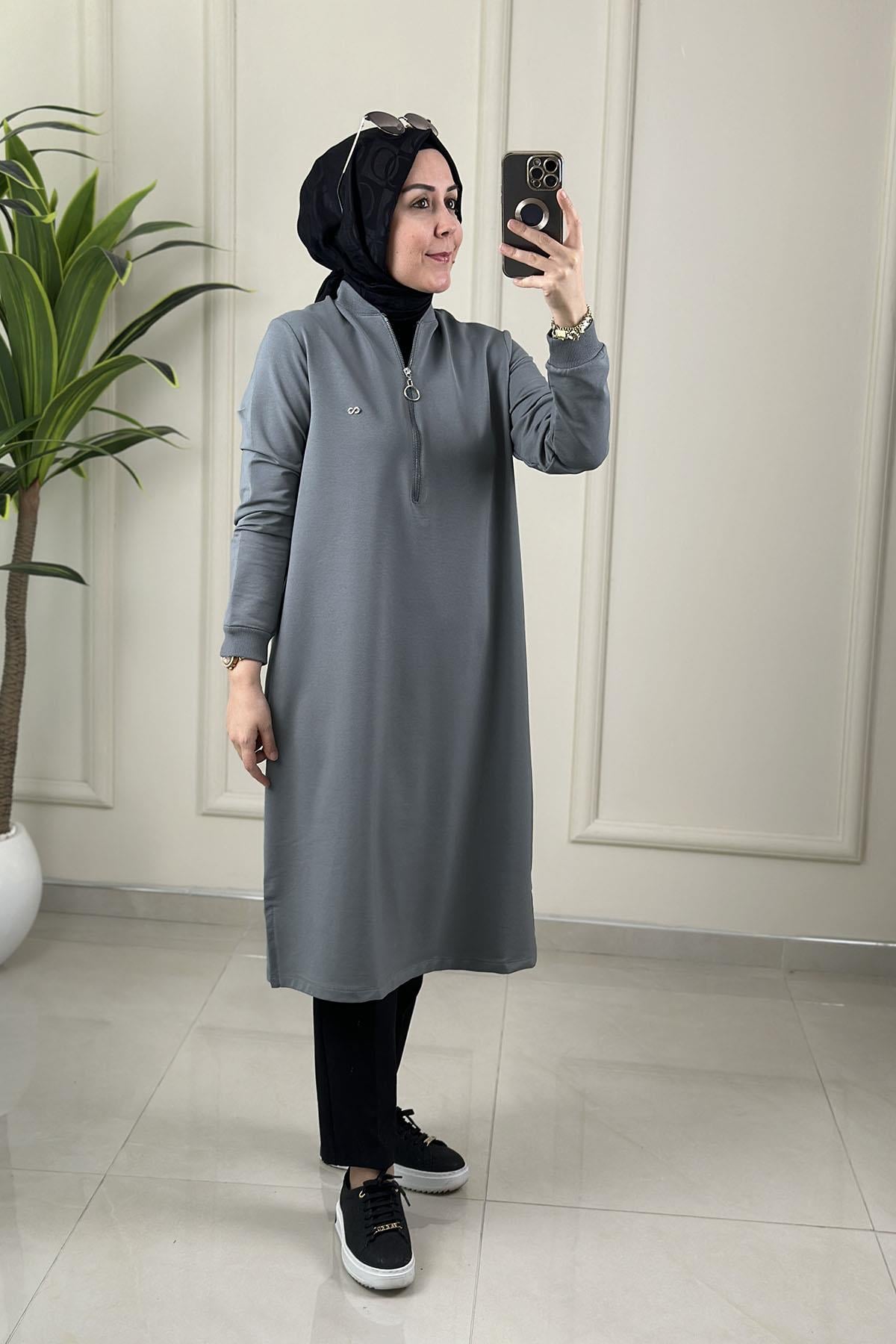 Tesettür Tunik ModelleriYaka ve Kol Ribanalı Önü Fermuarlı Kadın Tunik Mint Yeşili KADO 262630
