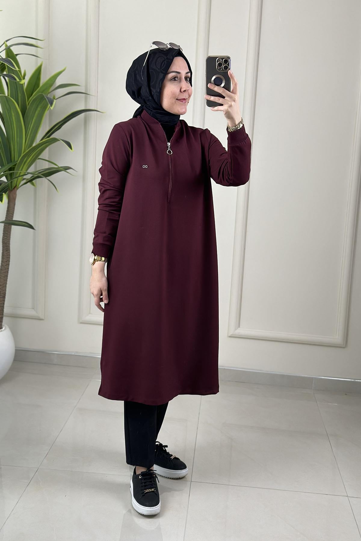 Tesettür Tunik ModelleriYaka ve Kol Ribanalı Önü Fermuarlı Kadın Tunik Bordo KADO 262630