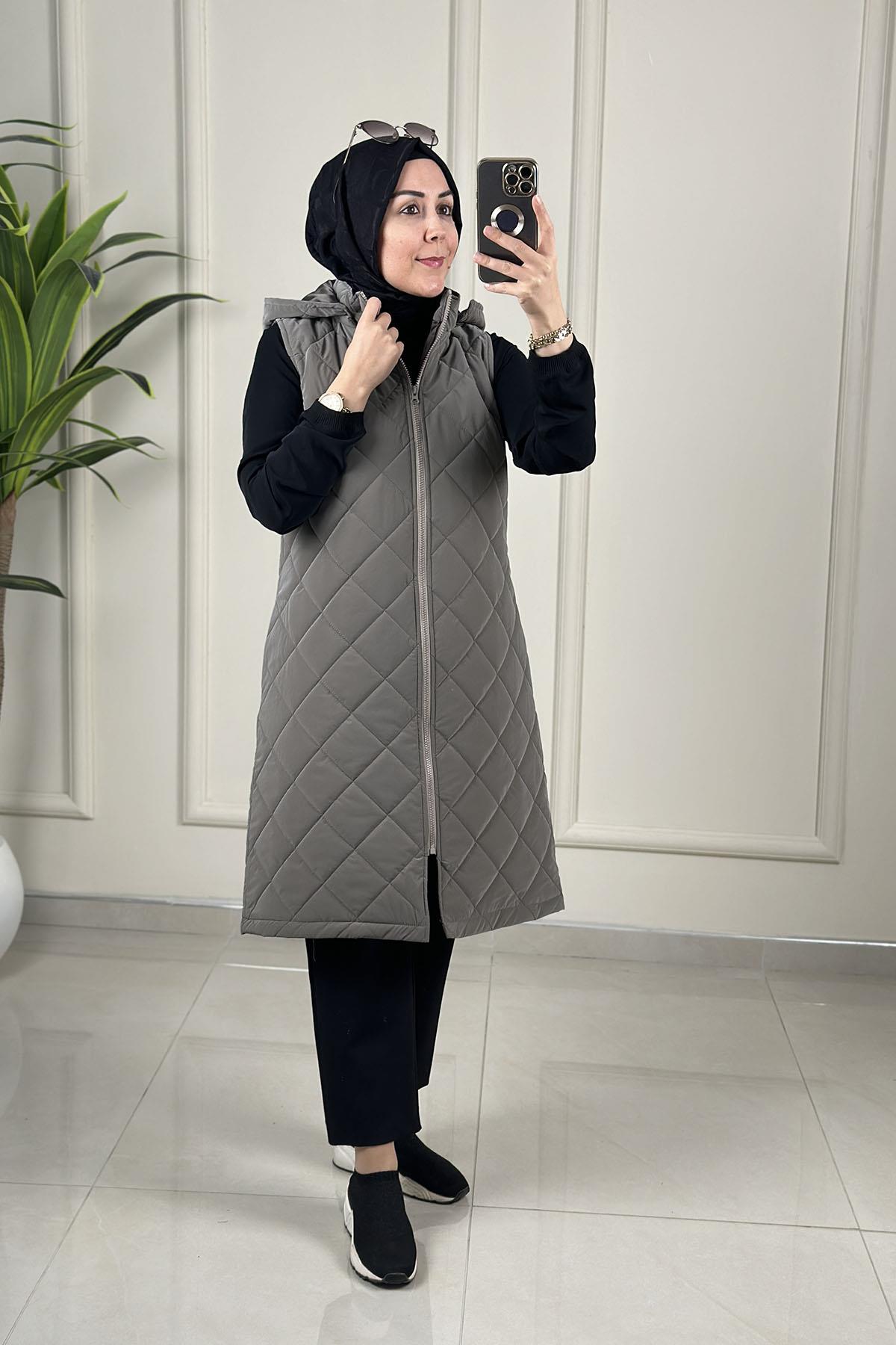 Tesettür YelekÖnü Fermuarlı Baklava Desen Cepli Kadın Şişme Yelek Gri MLH 4591