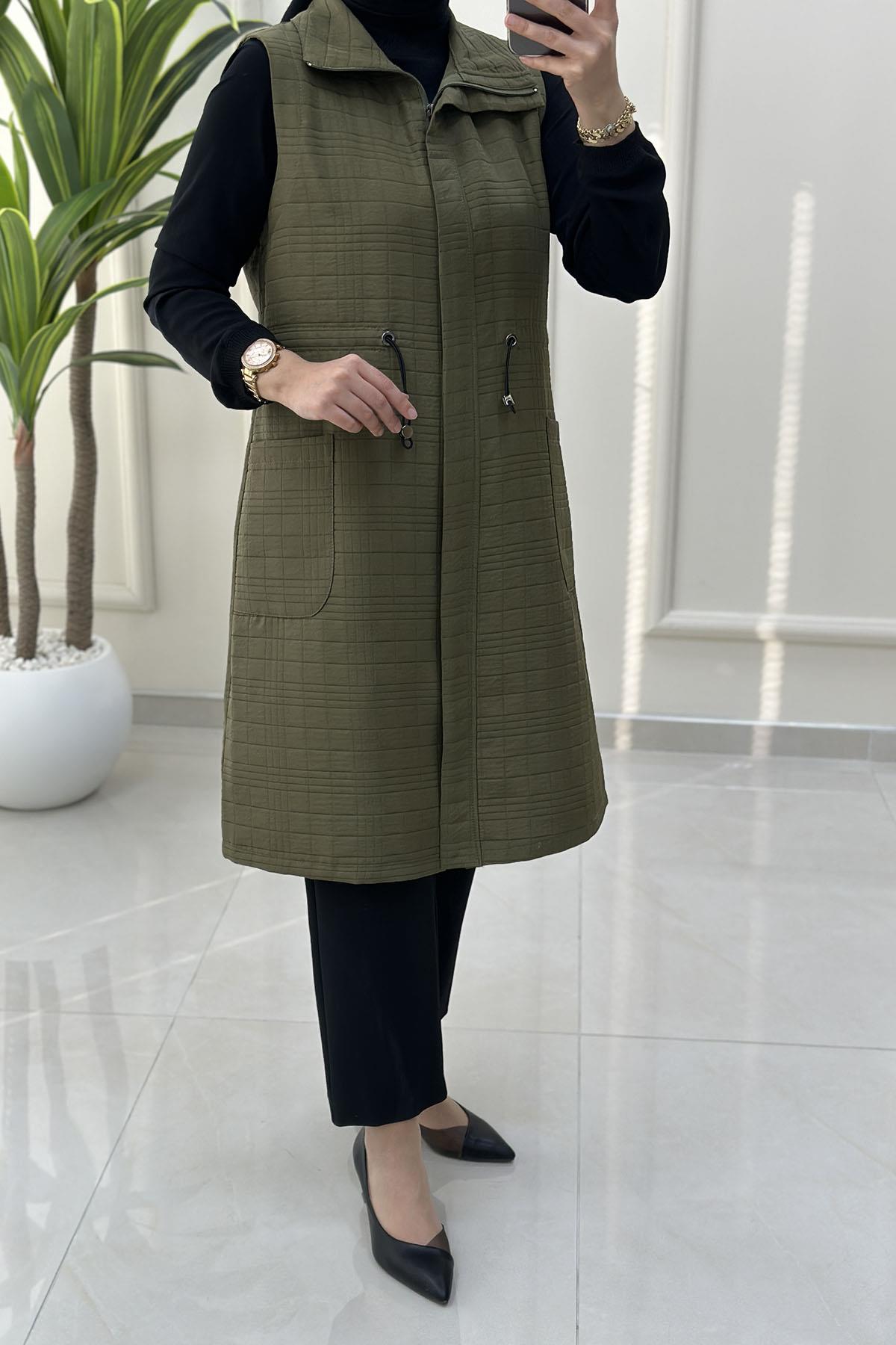 Tesettür YelekÖnü Gizli Fermuarlı Cepli Kadın Kapitone Yelek Haki QTN 4967