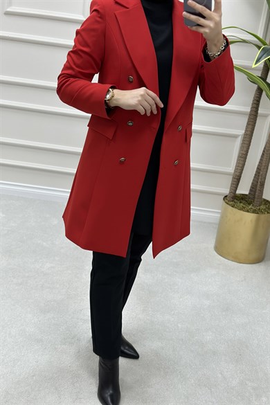 CeketKruvaze Yaka Uzun Blazer Kadın Ceket Kırmızı ALS 1001 