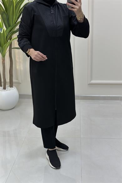 Tesettür Giy Çık KapArmine Trend Önü Fermuarlı Paraşüt Kumaş Garnili Kadın Giyçık Kap Siyah ARM 533