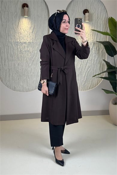 Tesettür Giy Çık KapKruvaze Yaka Kol Fermuarlı Cepli Kuşaklı Kadın Giyçık Acı Kahve MLH 2692