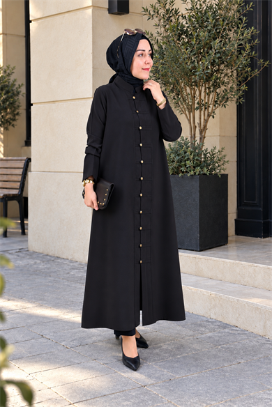 Tesettür Giy Çık KapModal Tensel Önü Biritli Düğmeli Uzun Kadın Giyçık Kap Siyah KADO 268580