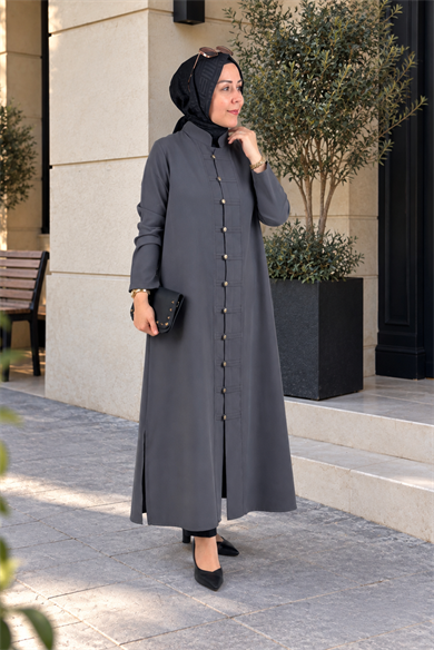 Tesettür Giy Çık KapModal Tensel Önü Biritli Düğmeli Uzun Kadın Giyçık Kap Antrasit KADO 268580