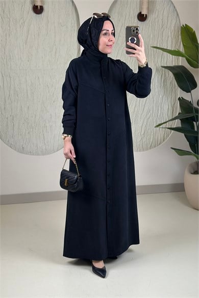 Tesettür Giy Çık KapModal Tensel Önü Düğmeli Ribanalı Uzun Kadın Giyçık Kap Siyah KADO 268478