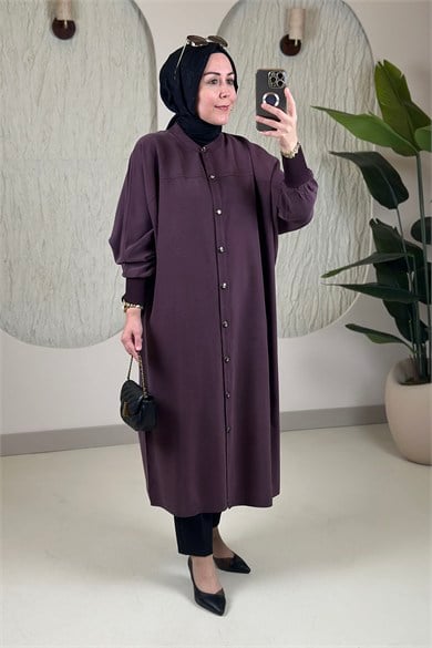 Tesettür Giy Çık KapModal Tensel Önü Düğmeli Yarasa Kol Ribanalı Kadın Giyçık Kap Mürdüm KADO 268442