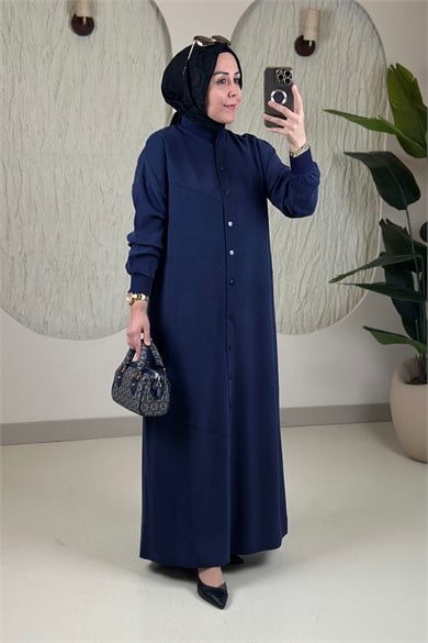 Tesettür Giy Çık KapModal Tensel Önü Düğmeli Ribanalı Uzun Kadın Giyçık Kap Lacivert KADO 268478