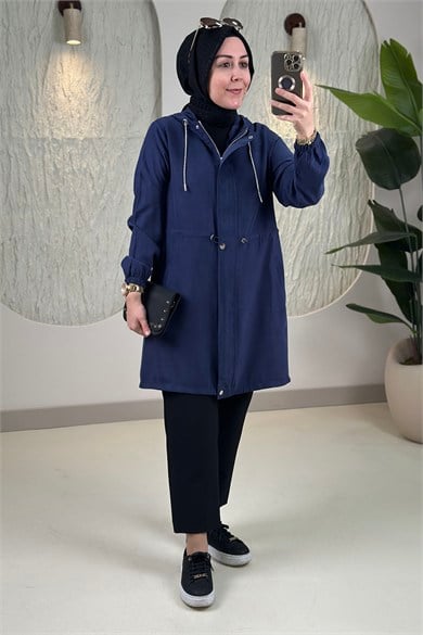 Tesettür Giy Çık KapModal Tensel Önü Fermuarlı Çıtçıtlı Beli Büzgülü Kadın Giyçık Kap Lacivert KADO 268412