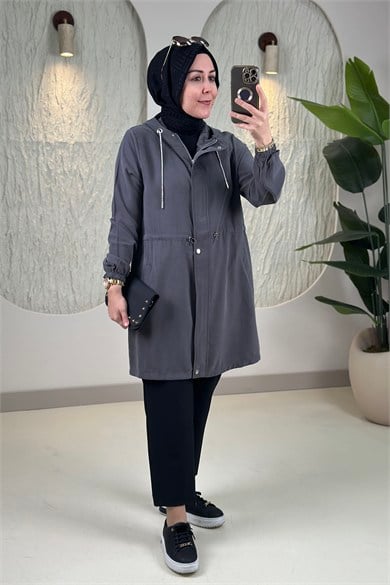 Tesettür Giy Çık KapModal Tensel Önü Fermuarlı Çıtçıtlı Beli Büzgülü Kadın Giyçık Kap Gri KADO 268412