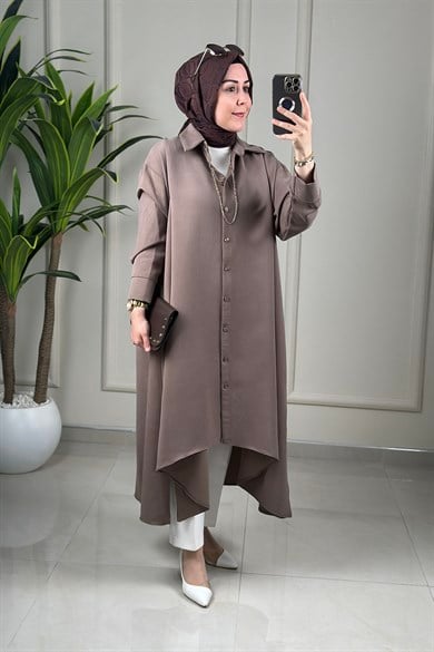 Tesettür Giy Çık KapModal Tensel Salaş Kesim Önü Düğmeli Giyçık Tunik Vizon BLMR 39076