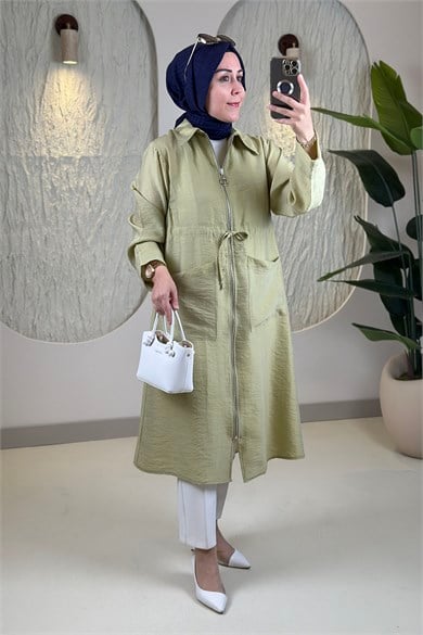 Tesettür Giy Çık KapÖnü Fermuarlı Beli İpli Kadın Giyçık Kap Yeşil SFF 1414