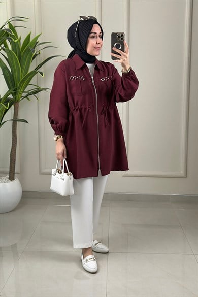 Tesettür Giy Çık KapÖnü Fermuarlı Beli Büzgülü Kadın Bomber Giyçık Bordo EYL 2149
