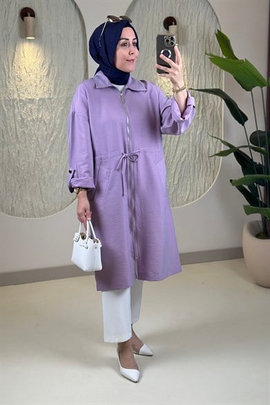 Tesettür Giy Çık KapÖnü Fermuarlı Beli İpli Katlama Kol Kadın Giyçık Kap Lila EYL 2227