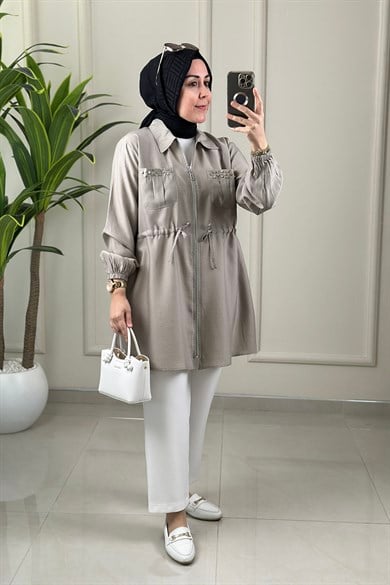 Tesettür Giy Çık KapÖnü Fermuarlı Beli Büzgülü Kadın Bomber Giyçık Taş EYL 2149