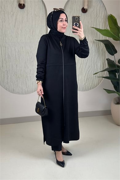 Tesettür Giy Çık KapÖnü Fermuarlı Cepli Kol Lastikli Kadın Giyçık Siyah KADO 268194