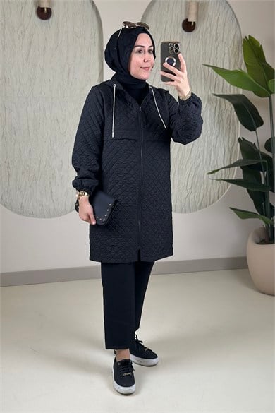 Tesettür Giy Çık KapÖnü Fermuarlı Kapüşon İp Detaylı Kadın Kapitone Giyçık Siyah GNR 270