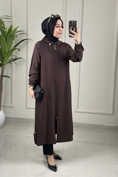 Tesettür Giy Çık KapÖnü Fermuarlı Yan Aksesuar Detaylı Kadın Giyçık Kap Acı Kahve KADO 262942