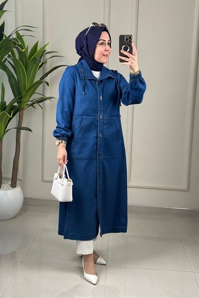 Tesettür Giy Çık KapTensel Önü Çıtçıtlı Cepli Kadın Giyçık Kap Koyu Mavi BRL 1159
