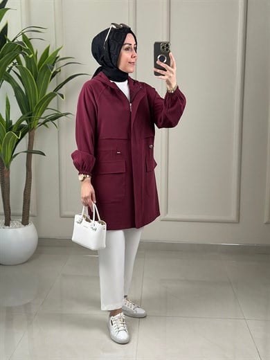 Tesettür Giy Çık KapTensel Qupra Önü Gizli Fermuarlı Cepli Bomber Giyçık Kap Bordo Als  5422