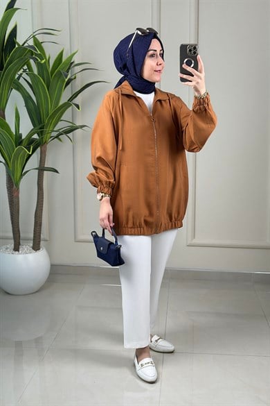 Tesettür Giy Çık KapTensel Reglan Kol Önü Fermuarlı Kadın Bomber Giyçık Kiremit EYL 2061
