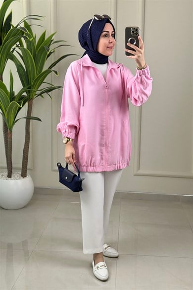 Tesettür Giy Çık KapTensel Reglan Kol Önü Fermuarlı Kadın Bomber Giyçık Pembe EYL 2061