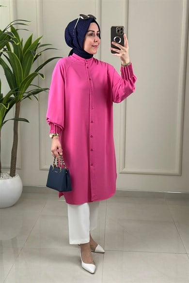 Tesettür Tunik GömlekKolu Nervürlü Önü Düğmeli Kadın Tunik Pembe  EYL 1176
