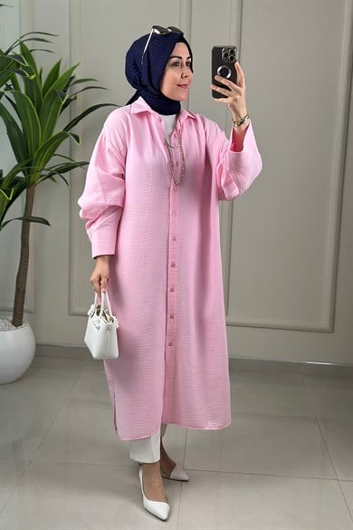 Tesettür Tunik GömlekMüslin Düşük Omuz Oversize Önü Düğmeli Kadın Tunik Pembe  EYL 2162