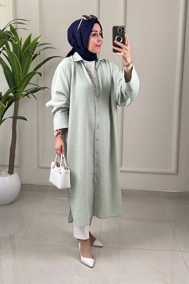 Tesettür Tunik GömlekMüslin Düşük Omuz Oversize Önü Düğmeli Kadın Tunik Yeşil EYL 2162
