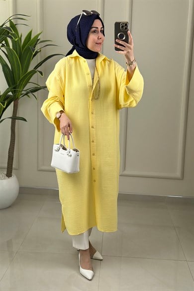 Tesettür Tunik GömlekMüslin Düşük Omuz Oversize Önü Düğmeli Kadın Tunik Sarı EYL 2162