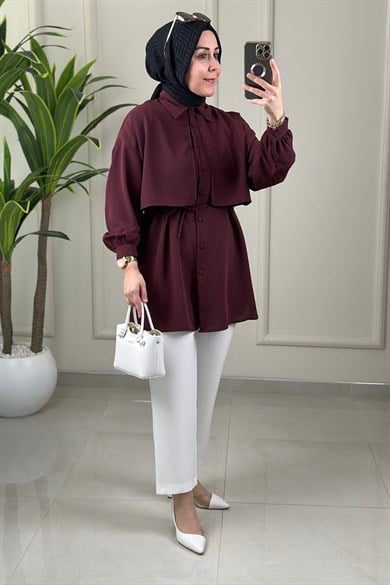 Tesettür Tunik GömlekÖnü Allerli Beli İpli Düğmeli Kadın Tunik Bordo EYL 1869