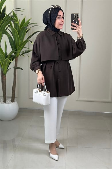 Tesettür Tunik GömlekÖnü Allerli Beli İpli Düğmeli Kadın Tunik Kahverengi EYL 1869
