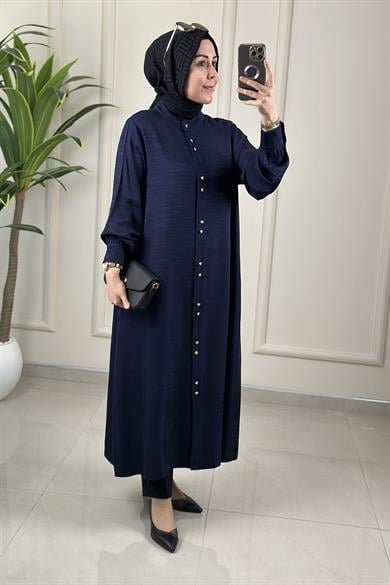Tesettür Tunik GömlekÖnü Düğmeli Cepli Kadın Giyçık Tunik Lacivert KADO 262430