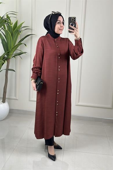 Tesettür Tunik GömlekÖnü Düğmeli Cepli Kadın Giyçık Tunik Kiremit KADO 262430