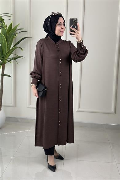 Tesettür Tunik GömlekÖnü Düğmeli Cepli Kadın Giyçık Tunik Acı Kahve KADO 262430