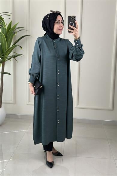Tesettür Tunik GömlekÖnü Düğmeli Cepli Kadın Giyçık Tunik Petrol Yeşili KADO 262430