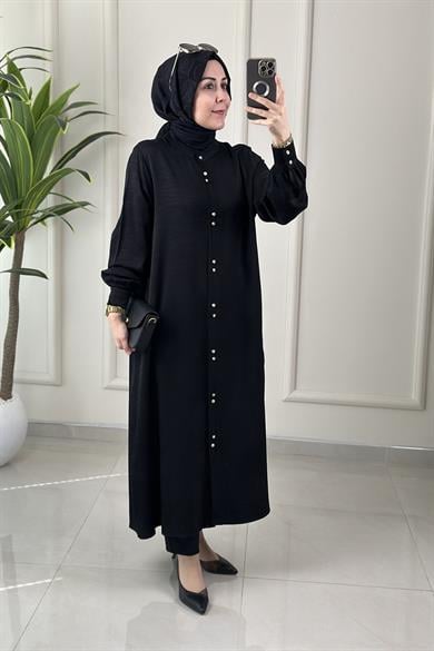 Tesettür Tunik GömlekÖnü Düğmeli Cepli Kadın Giyçık Tunik Siyah KADO 262430