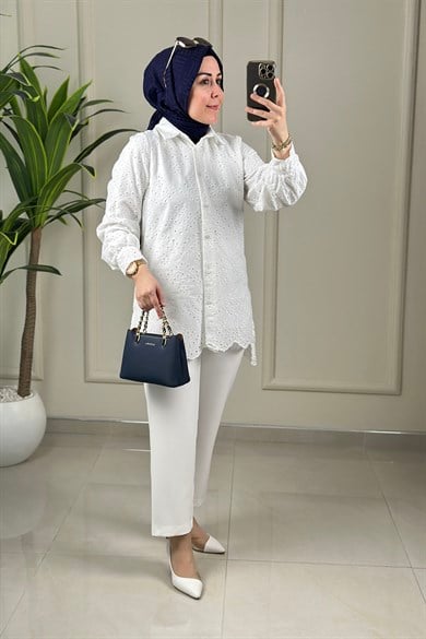 Tesettür Tunik GömlekÖnü Düğmeli Fisto Kadın Tunik Beyaz GNR 249