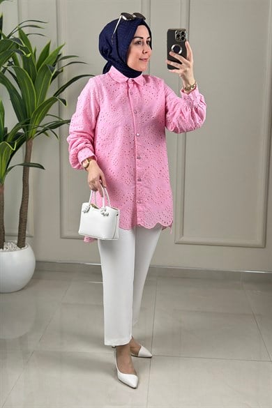 Tesettür Tunik GömlekÖnü Düğmeli Fisto Kadın Tunik Pembe GNR 249