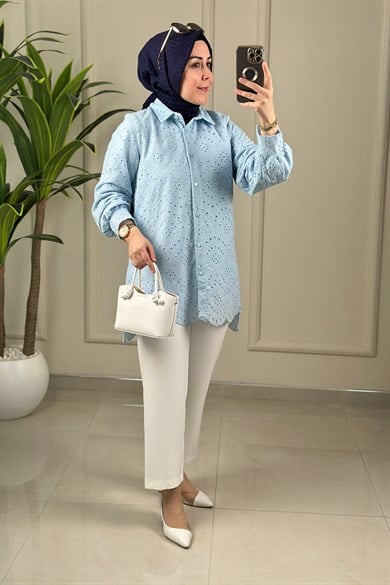 Tesettür Tunik GömlekÖnü Düğmeli Fisto Kadın Tunik Bebe Mavisi GNR 249