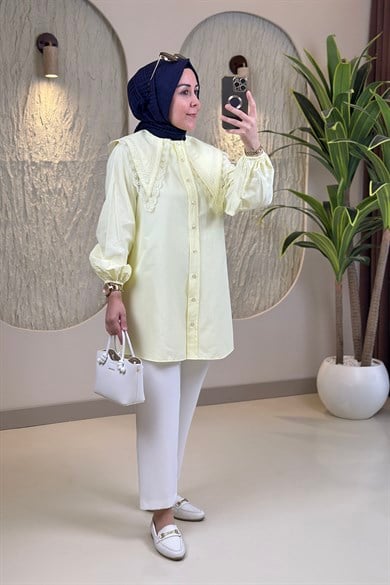 Tesettür Tunik GömlekÖnü Düğmeli Geniş Yaka Dantel Detaylı Poplin Kadın Gömlek Tunik Sarı EYL 2143