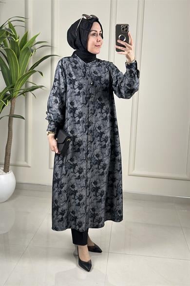 Tesettür Tunik GömlekÖnü Düğmeli Kendinden Desenli Serpme Taş Detaylı Uzun Kadın Tunik Antrasit KADO 263106