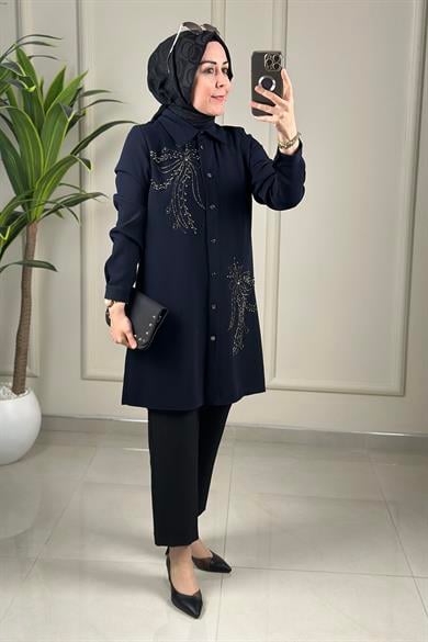 Tesettür Tunik GömlekÖnü Düğmeli Taş ve İnci Detaylı Kadın Tunik Lacivert MLH 2605