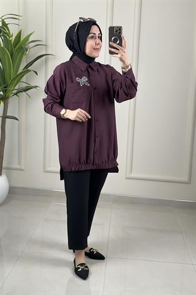Tesettür Tunik GömlekÖnü Düğmeli Taşlı Kurdele Aksesuarlı Kadın Tunik Mürdüm GNR 243