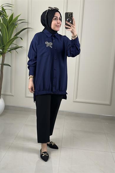 Tesettür Tunik GömlekÖnü Düğmeli Taşlı Kurdele Aksesuarlı Kadın Tunik Lacivert GNR 243